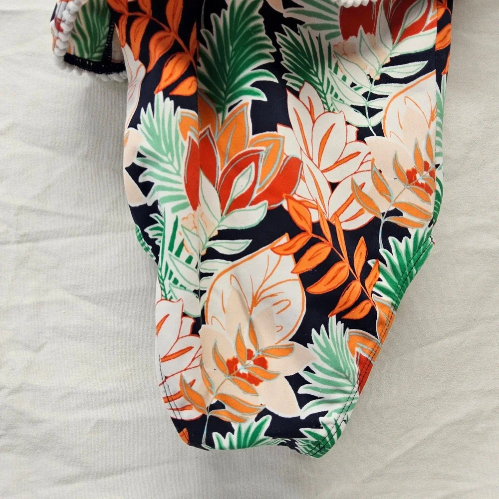 Janie and Jack One Piece Swimsuit Kids 2T Navy Orange Tropical Floral Pom Trim‎